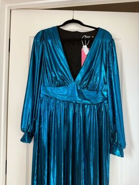 SHEIN Teal Metallic V-Neck Long Sleeve Dress